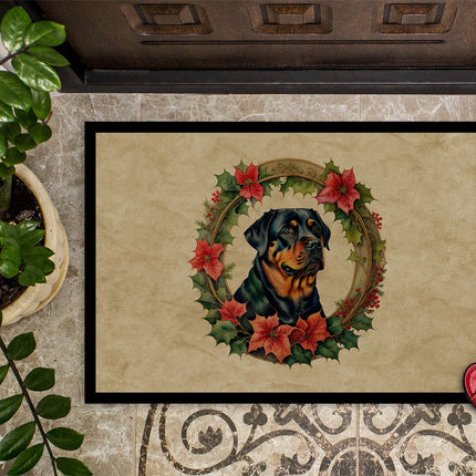 Rottweiler Christmas Flowers Doormat