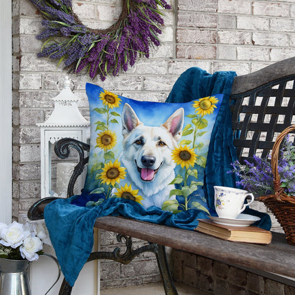 White German Shepherd in Sunflowers Throw Pillow