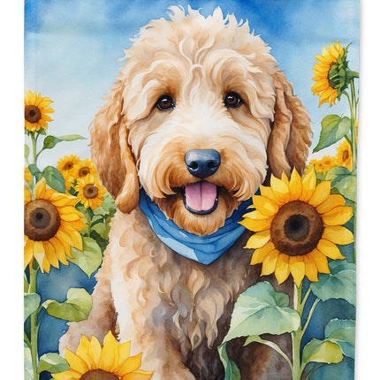 Goldendoodle in Sunflowers House Flag