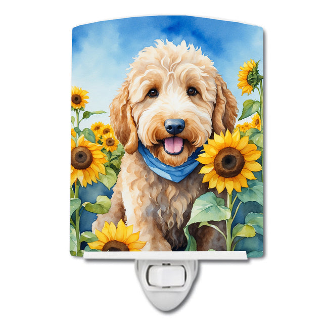 Goldendoodle in Sunflowers Ceramic Night Light