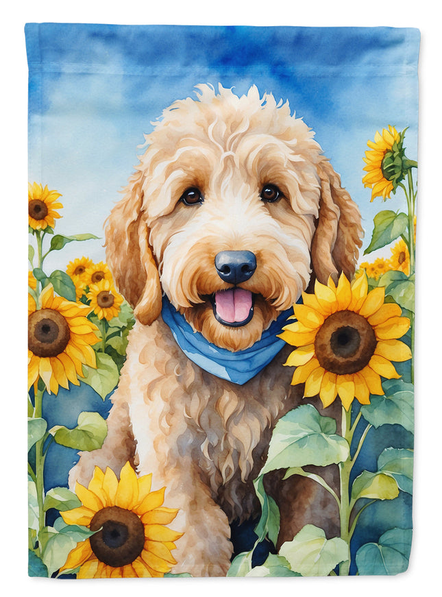 Goldendoodle in Sunflowers Garden Flag