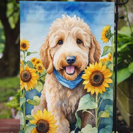 Goldendoodle in Sunflowers Garden Flag