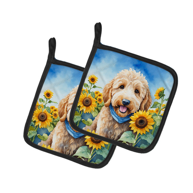 Goldendoodle in Sunflowers Pair of Pot Holders