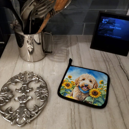 Goldendoodle in Sunflowers Pair of Pot Holders