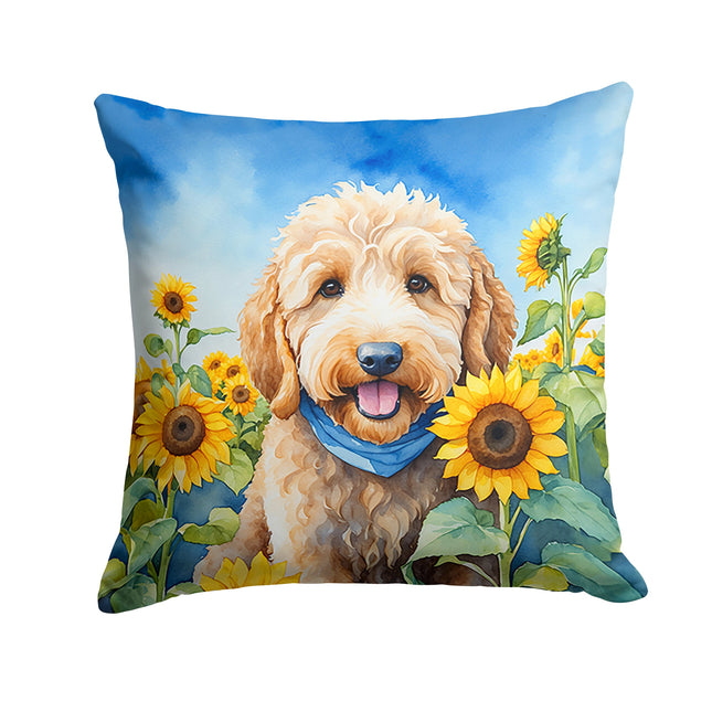 Goldendoodle in Sunflowers Throw Pillow