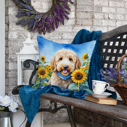 Goldendoodle in Sunflowers Throw Pillow