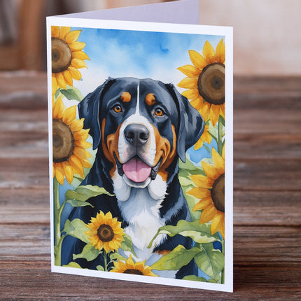 Greater Swiss Mountain Dog in Sunflowers Greeting Cards Pack of 8