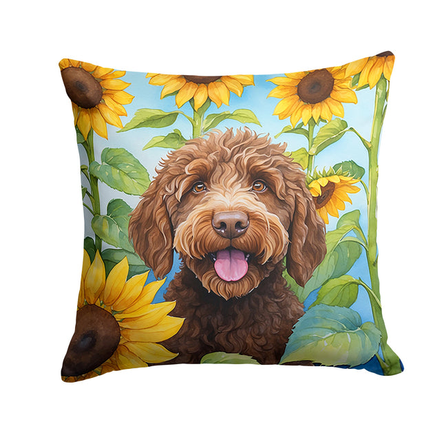 Labradoodle in Sunflowers Throw Pillow