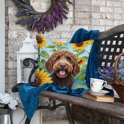 Labradoodle in Sunflowers Throw Pillow