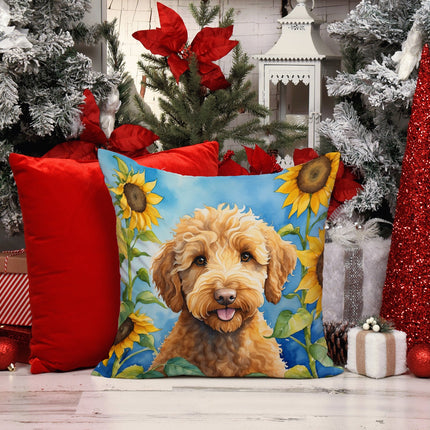 Labradoodle in Sunflowers Throw Pillow
