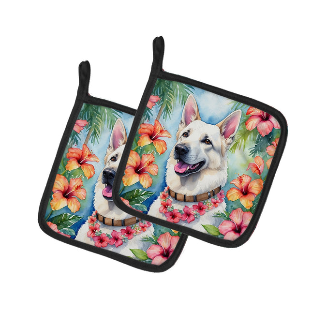 White German Shepherd Luau Pair of Pot Holders