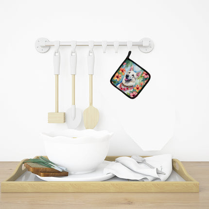 White German Shepherd Luau Pair of Pot Holders