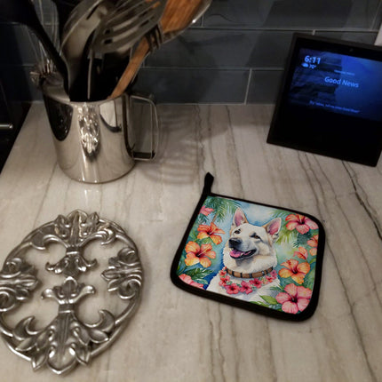 White German Shepherd Luau Pair of Pot Holders