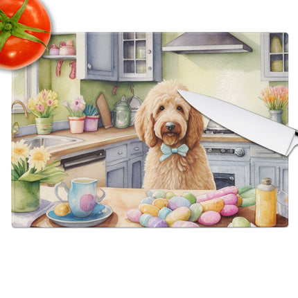 Decorating Easter Goldendoodle Glass Cutting Board