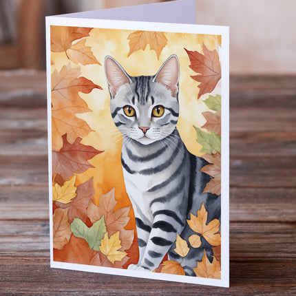 American Shorthair Cat in Fall Leaves Greeting Cards Pack of 8