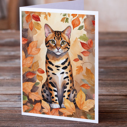 Bengal Cat in Fall Leaves Greeting Cards Pack of 8