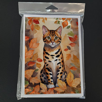 Bengal Cat in Fall Leaves Greeting Cards Pack of 8