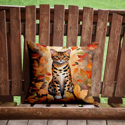 Bengal Cat in Fall Leaves Throw Pillow