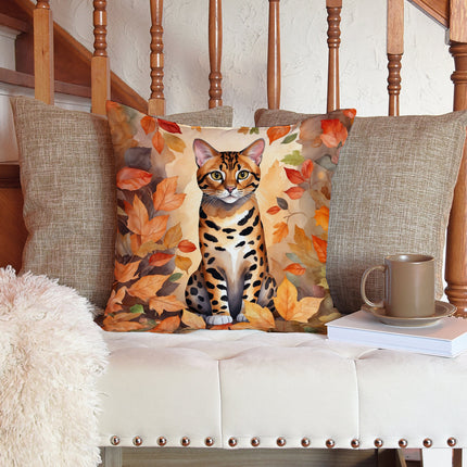 Bengal Cat in Fall Leaves Throw Pillow