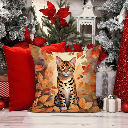 Bengal Cat in Fall Leaves Throw Pillow