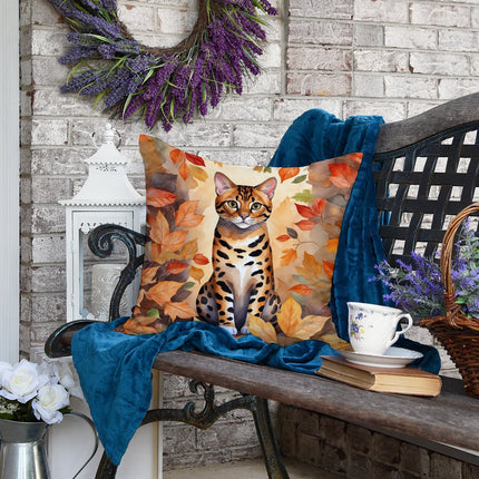 Bengal Cat in Fall Leaves Throw Pillow