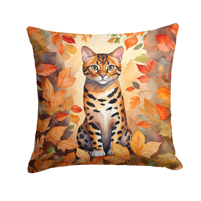 Bengal Cat in Fall Leaves Throw Pillow