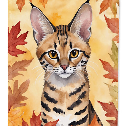 Savannah Cat in Fall Leaves House Flag