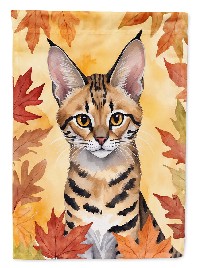 Savannah Cat in Fall Leaves House Flag