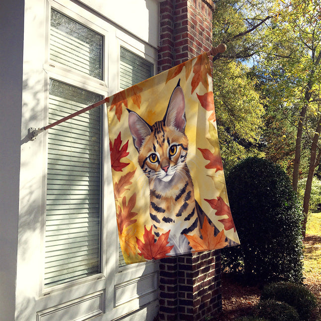 Savannah Cat in Fall Leaves House Flag