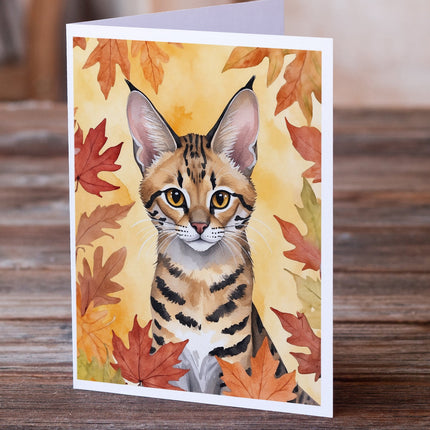 Savannah Cat in Fall Leaves Greeting Cards Pack of 8