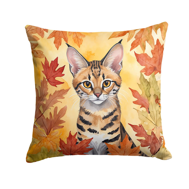 Savannah Cat in Fall Leaves Throw Pillow
