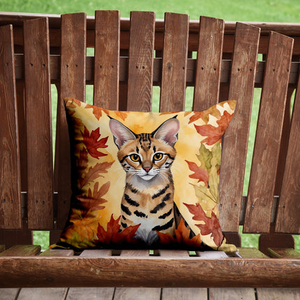 Savannah Cat in Fall Leaves Throw Pillow