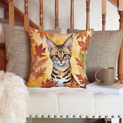 Savannah Cat in Fall Leaves Throw Pillow