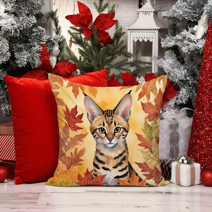 Savannah Cat in Fall Leaves Throw Pillow