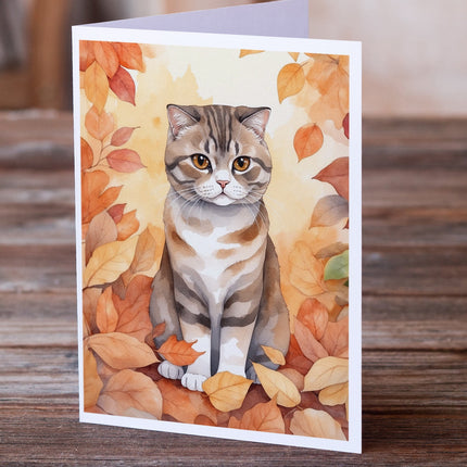 Scottish Fold Cat in Fall Leaves Greeting Cards Pack of 8