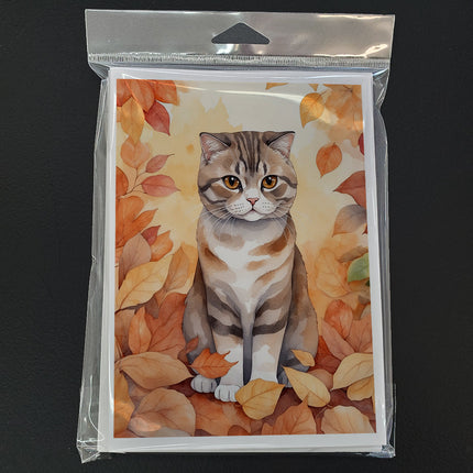 Scottish Fold Cat in Fall Leaves Greeting Cards Pack of 8
