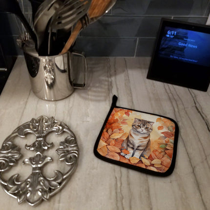 Scottish Fold Cat in Fall Leaves Pair of Pot Holders