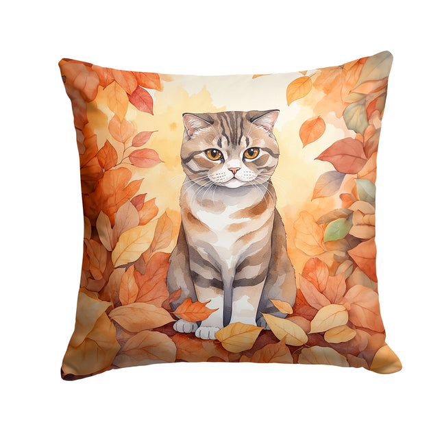 Scottish Fold Cat in Fall Leaves Throw Pillow