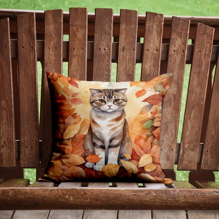 Scottish Fold Cat in Fall Leaves Throw Pillow
