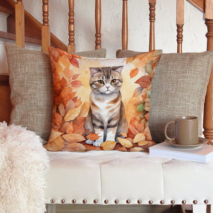 Scottish Fold Cat in Fall Leaves Throw Pillow