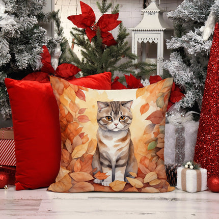 Scottish Fold Cat in Fall Leaves Throw Pillow