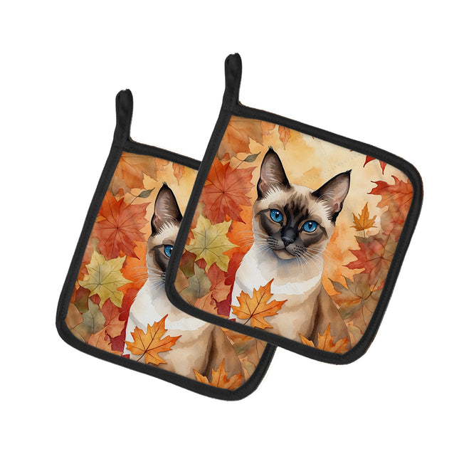 Siamese Cat in Fall Leaves Pair of Pot Holders