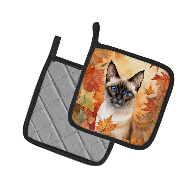 Siamese Cat in Fall Leaves Pair of Pot Holders