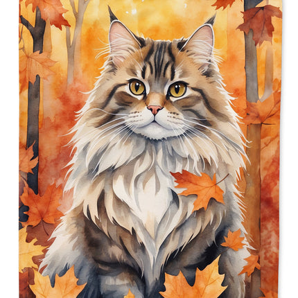 Siberian Cat in Fall Leaves House Flag