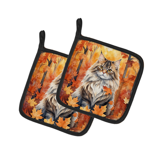 Siberian Cat in Fall Leaves Pair of Pot Holders