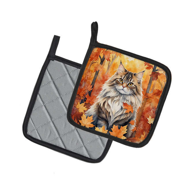 Siberian Cat in Fall Leaves Pair of Pot Holders