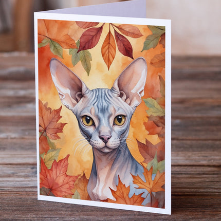 Sphynx Cat in Fall Leaves Greeting Cards Pack of 8