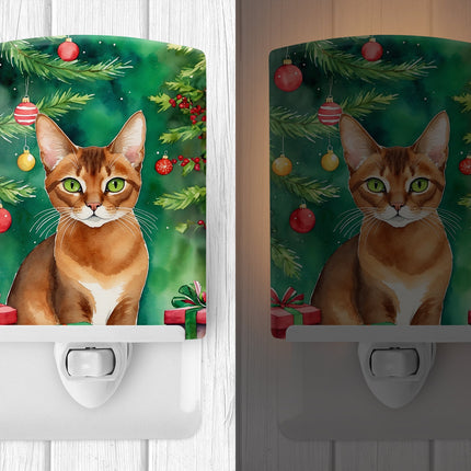 Abyssinian Cat by the Christmas Tree Ceramic Night Light