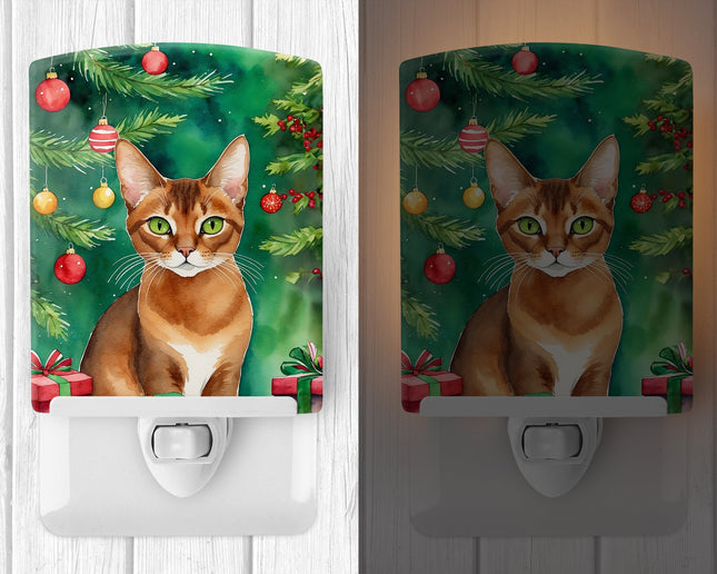 Abyssinian Cat by the Christmas Tree Ceramic Night Light