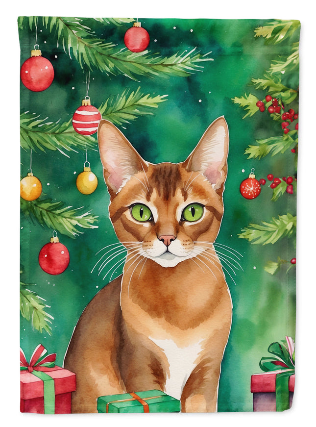 Abyssinian Cat by the Christmas Tree Garden Flag